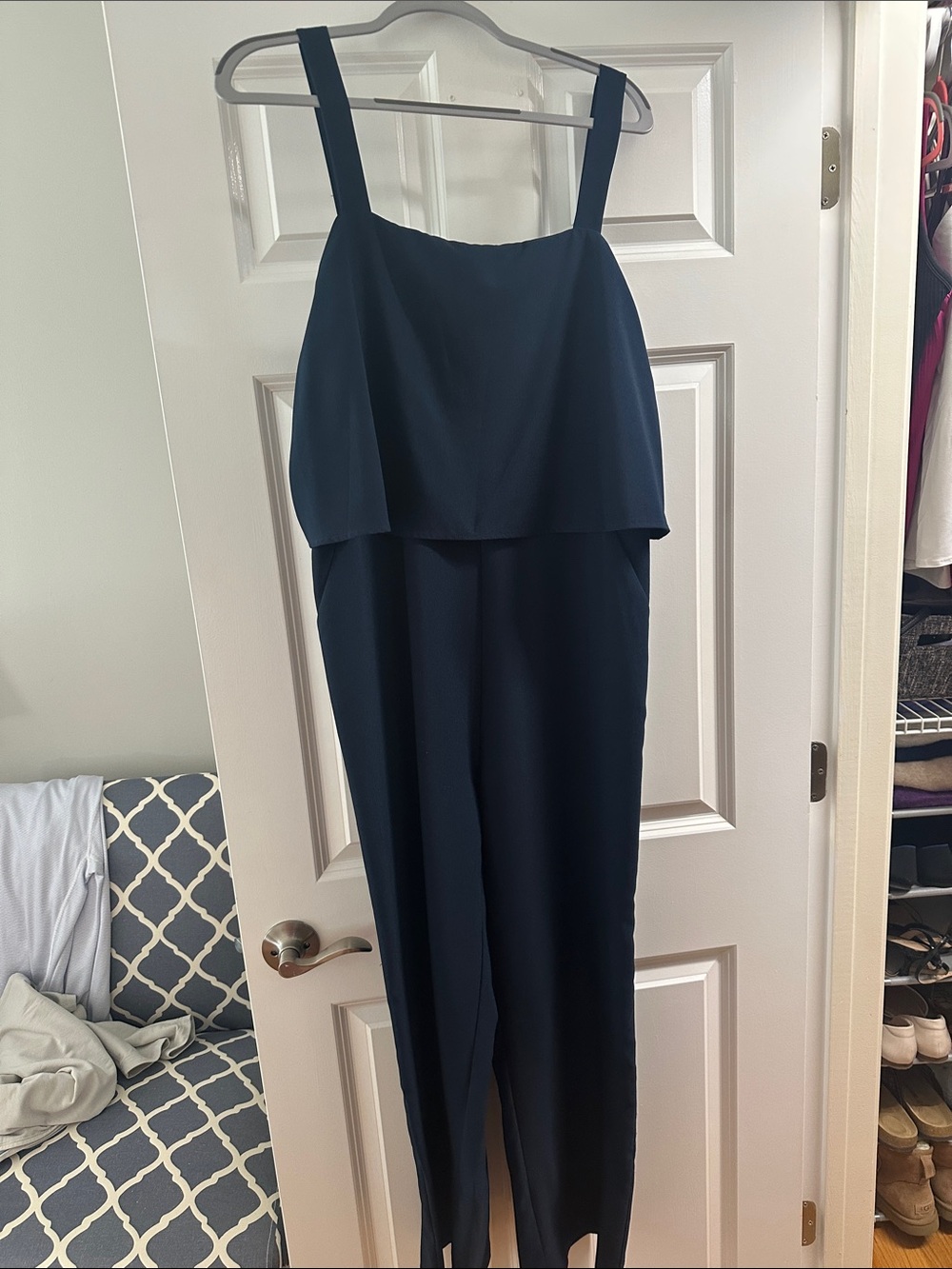 LOFT Navy Sleeveless Layered-Bodice Jumpsuit